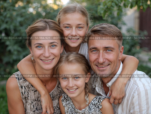 Портрет счастливой семьи с дочками-двойняшками. A portrait of a happy family with twin daughters. Стоковое AI-изображение, AI-художник Смирнова Светлана / Фотобанк Лори