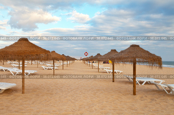 Portugal. Algarve. Beautiful Vilamoura Beach with umbrellas and sunbeds on the sandy shore (2012 год). Стоковое фото, фотограф Виктория Катьянова / Фотобанк Лори