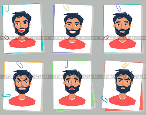 Positive and negative face expressions of man. Faces of male character vector illustration. Expressing human emotion concept. Happy, sad, neutral and angry person. Photographs of bearded guy emotions. Positive and negative face expressions of man. Photographs of bearded male character emotions. Стоковая иллюстрация, агентство Ingram Publishing / Фотобанк Лори