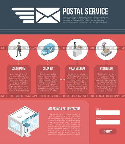 Post Page Website Design Template. Postal service page template for web design with fields for personal data and submit button flat vector illustration   . Стоковая иллюстрация, агентство Ingram Publishing / Фотобанк Лори