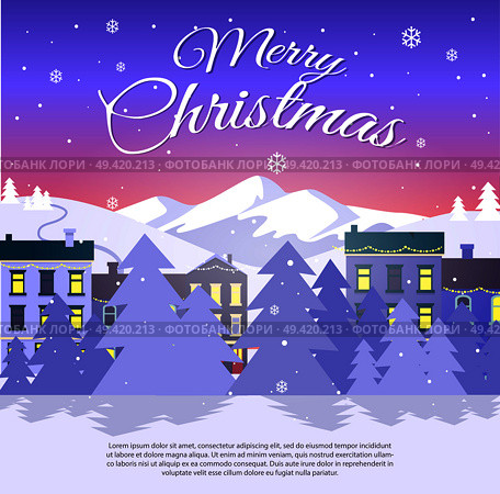 Postcard with Merry Christmas on city background. Vector illustration of white high mountains gray forest and blocks of flats. Roofs of houses with switched lights are decorated by colourful festoons. Postcard with Merry Christmas on City Background. Стоковая иллюстрация, агентство Ingram Publishing / Фотобанк Лори