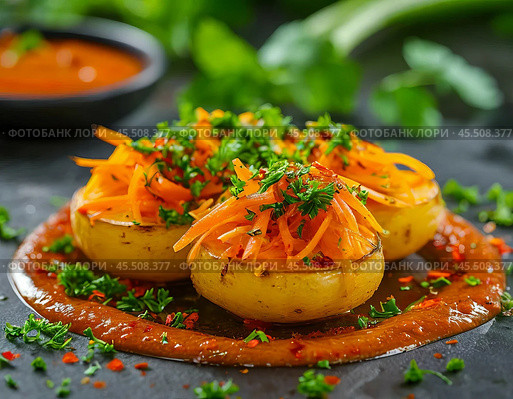 Potato zrazy with carrot filling. Bon appetit! Стоковое AI-изображение, AI-художник Сергей Елизарьев / Фотобанк Лори