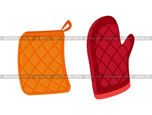 Potholder and oven mitt isolated icons set vector. Protective fabric tissue cloth with square pattern. Gloves protecting form burns cooking mitten. Potholder and Oven Mitt Set Vector Illustration. Стоковая иллюстрация, агентство Ingram Publishing / Фотобанк Лори