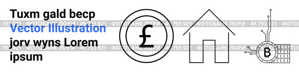 Pound sign in a circle, outline of a house, and a Bitcoin symbol on a circuit. Ideal for financial services, real estate, cryptocurrency, fintech, banking, technology articles, presentations. Landing. Financial Symbols and Cryptocurrency with Pound Sign, House, and Bitcoin Icon. Стоковая иллюстрация, агентство Ingram Publishing / Фотобанк Лори