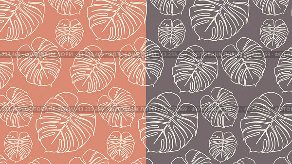 Повторяющийся контурный узор из листьев монстеры. Repeating contour pattern of monstera leaves. Редакционная иллюстрация, иллюстратор Ирина Щербакова / Фотобанк Лори