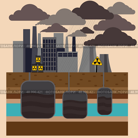 Power plant smokestacks emitting smoke over urban cityscape in cartoon style. Smokestack in factory with black yellow sky and clouds. Стоковая иллюстрация, агентство Ingram Publishing / Фотобанк Лори
