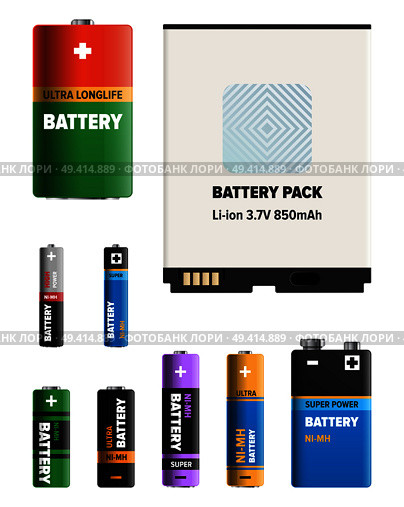 Powerful batteries for electronic devices with various power capacity isolated on white background. Energy replenishment appliances vector illustrations set. Galvanic device for power charge.. Powerful Batteries of Different Shapes Collection. Стоковая иллюстрация, агентство Ingram Publishing / Фотобанк Лори