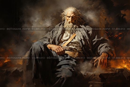 Powerful fantasy illustration: a gray-haired man with eagle features sits on a throne amidst ashes and fire. His clothes resemble feathers, and his stern gaze and tense posture suggest strength, ancient wisdom, and rage. The atmosphere of the scene is dark and majestic, as if he were an ancient guardian or a spirit of nature in human form. Ideal for dark fantasy themes, mythology, epic stories, and heroic characters. Стоковое AI-изображение, AI-художник Анна Кривицкая / Фотобанк Лори