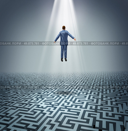 Powerful solutions with a businessman levitating above a maze or labyrinth as a business concept of leadership and conquering challenges and obstacles with a man rising above to find the answers. Стоковое фото, агентство Ingram Publishing / Фотобанк Лори