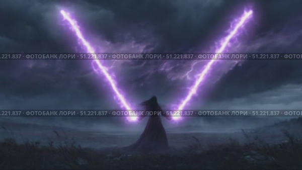 Powerful sorceress channeling purple electric energy beams, forming dramatic v shaped lightning against ominous stormy sky background. Стоковое AI-видео, аниматор Юрий Поздников / Фотобанк Лори