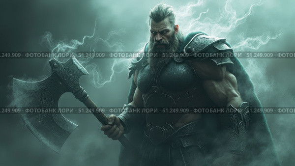 Powerful viking warrior holding large axe in misty atmosphere. Стоковая иллюстрация, иллюстратор David Kashakhi / Фотобанк Лори
