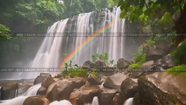 Powerful waterfall cascades down rock face, with vibrant rainbow forming in mist at its center. Стоковое AI-видео, аниматор Данила Большаков / Фотобанк Лори
