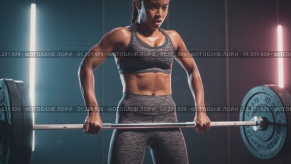 Powerful young woman performing deadlifts with heavy barbell, showcasing strength and determination in a modern fitness center illuminated by vibrant neon lights. Стоковое AI-видео, аниматор Юрий Поздников / Фотобанк Лори