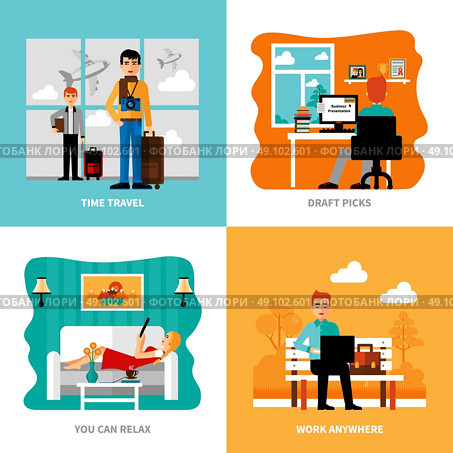 Preferences Of Freelance Set. Preferences of freelance set with concepts of work relaxation pick of drafts travel isolated vector  illustration. Стоковая иллюстрация, агентство Ingram Publishing / Фотобанк Лори