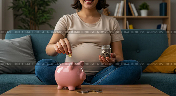 Pregnant woman saving money, Saving for baby, Pregnancy financial planning, Expecting mother savings, Saving with piggy bank, Baby expenses, Future family finances, Financial security for baby, Motherhood saving, Prenatal planning, Maternity saving, Saving for newborn, preparing for parenthood, woman saving coins, baby on the way, planning for childcare, budget for pregnancy, пособие на ребенка, соцзащита населения в действии. Стоковое AI-изображение, AI-художник Сергей Расторгуев / Фотобанк Лори