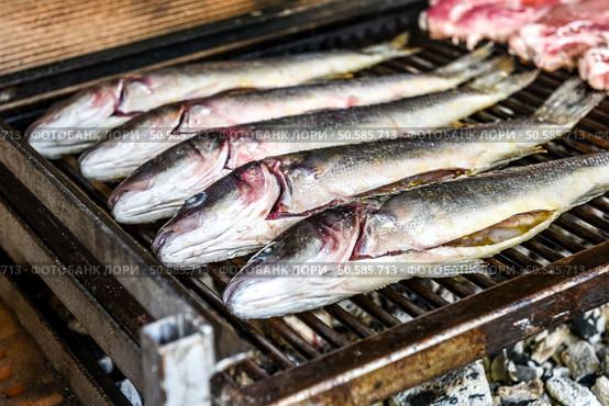 Preparing raw Fish on the charcoal grill. Home barbecue picnic with seabass. Стоковое фото, агентство Ingram Publishing / Фотобанк Лори