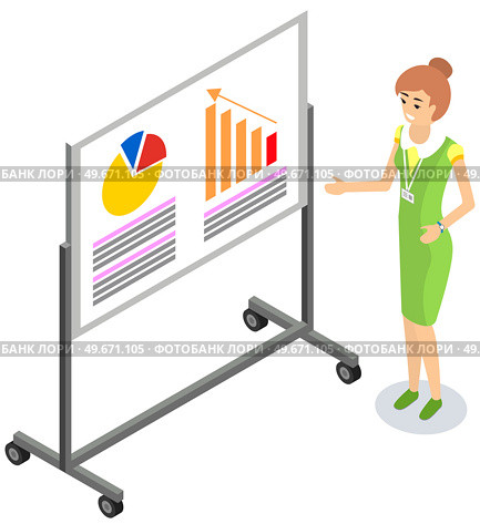 Presenter looking at dynamics of chart change. Employee analyzes statistical indicators on presentation board. Female character works with financial research, data analysis. Business analytics concept. Presenter looking at dynamics of chart change. Employee analyzes statistics on presentation board. Стоковая иллюстрация, агентство Ingram Publishing / Фотобанк Лори
