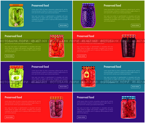 Preserved food poster and jars with conserved meal. Fruits and vegetables conservation. Canned plums raspberries strawberries and pickle olives vector. Preserved Food Poster and Jars Vector Illustration. Стоковая иллюстрация, агентство Ingram Publishing / Фотобанк Лори