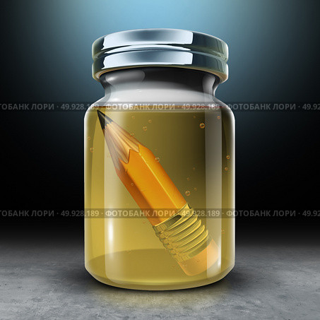 Preserving education concept and to preserve learning and design metaphor as a jar with a pencil preserved in preservative formaldehyde as a 3D illustration. Стоковое фото, агентство Ingram Publishing / Фотобанк Лори