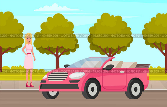Pretty girl with beautiful hair in dress stands near pink car. Representative of fair sex, young blonde woman in dress and heels driving vehicle. Smiling lady in sundress standing next to transport. Pretty girl with beautiful hair in dress stands near pink car. Blonde woman driving vehicle. Стоковая иллюстрация, агентство Ingram Publishing / Фотобанк Лори