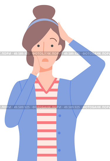 Pretty woman standing and holding her head. Lady looks sad or confused, ashamed or drear. Emotion on face. Girl in pose vector illustration flat style. Woman with Sad Emotion on Face, Posing Isolated. Стоковая иллюстрация, агентство Ingram Publishing / Фотобанк Лори