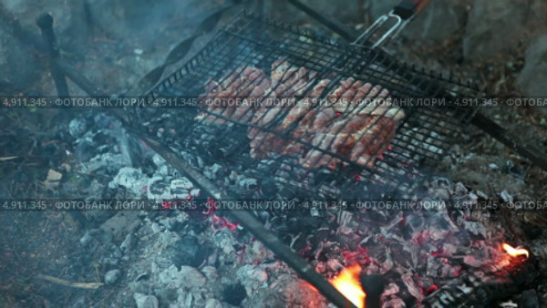 Приготовление мяса на решетке на углях костра. Стоковое видео, видеограф Кекяляйнен Андрей / Фотобанк Лори