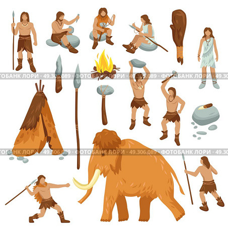 Primitive People Flat Cartoon Icons Set. Primitive people flat cartoon icons set with cavemen in stone age weapon tool and ancient animals isolated vector illustration. Стоковая иллюстрация, агентство Ingram Publishing / Фотобанк Лори
