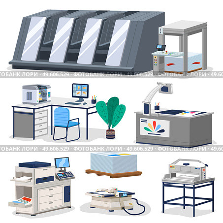 Printing house facility offset production line industrial equipment isolated composition vector illustration. Computerized large format digital press machines, modern typography or print office. Printing house facility offset production line industrial equipment isolated composition. Стоковая иллюстрация, агентство Ingram Publishing / Фотобанк Лори