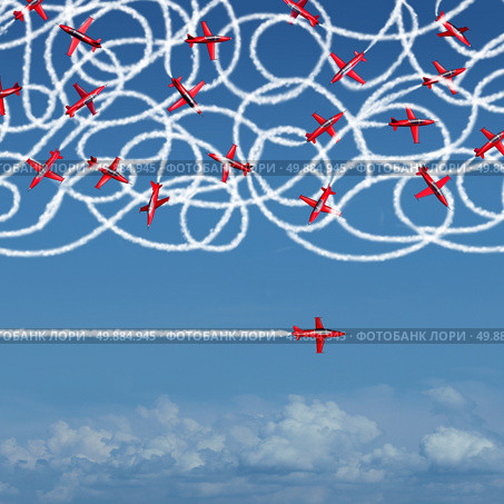 Private concept and pricacy business symbol as a group of confused jet planes creating a tangled mess ogfsmoke trails compared to a single focused airplane flying solo under the radar in a straight direction to success. Стоковое фото, агентство Ingram Publishing / Фотобанк Лори