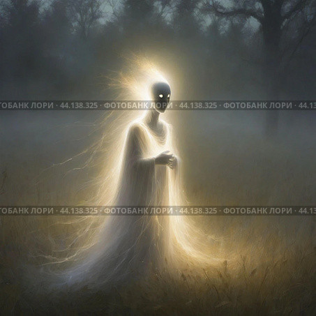 "Призрак в поле: мистическое явление в ночной тиши". "A ghost in the field: a mystical apparition in the silence of the night." Стоковое AI-изображение, AI-художник Владислав Матвейчук / Фотобанк Лори