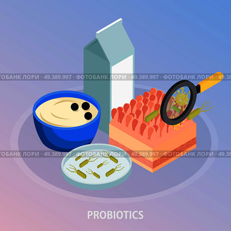 Probiotics isometric background composition with food and conceptual images of microbes with hand lens and text vector illustration. Probiotics Isometric Background Composition. Стоковая иллюстрация, агентство Ingram Publishing / Фотобанк Лори