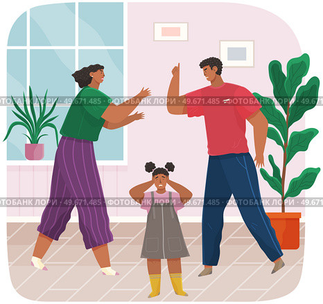 Problems and conflict in family, fight and arguing, quarreling over child in family. Cartoon angry parents swearing. Unhappy girl teenager. Dispute man and woman. Toxic relationships between people. Problems and conflict in family, fight and arguing, quarreling over child in family, unhappy girl. Стоковая иллюстрация, агентство Ingram Publishing / Фотобанк Лори
