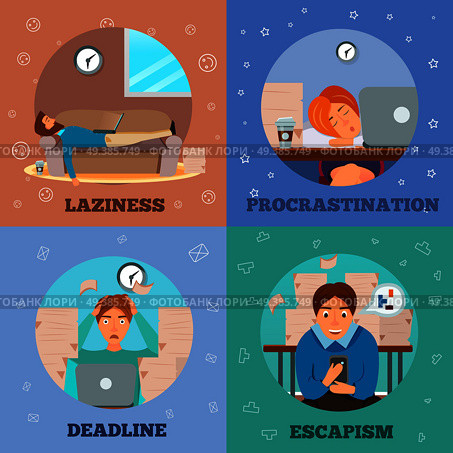 Procrastination laziness escapism delayng and dealing with deadlines characters concept 4 cartoon icons square isolated vector illustration . Procrastination Characters cartoon Concept Icons . Стоковая иллюстрация, агентство Ingram Publishing / Фотобанк Лори