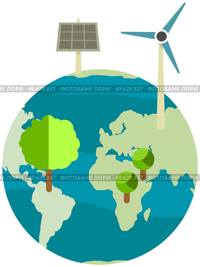 Production of eco friendly electricity with wind and solar power stations. Energy without harm to environment and nature. Caring for nature and preserving planet. Greening and saving earth concept. Production of electricity with wind and solar power stations. Energy without harm to nature. Стоковая иллюстрация, агентство Ingram Publishing / Фотобанк Лори