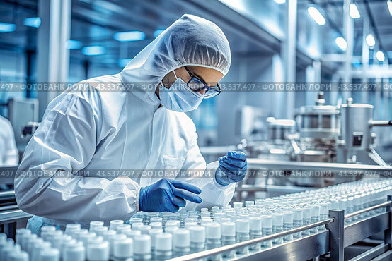 Production of medicines. A pharmacist checks medical vials on an automatic conveyor of a pharmaceutical factory production line using artificial intelligence. Стоковое AI-изображение, AI-художник Photojuli / Фотобанк Лори