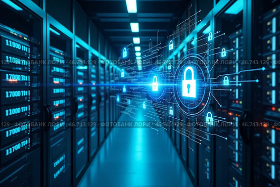 Продвинутая безопасность и защита данных в современном центре. Стоковое AI-изображение, AI-художник Елена Болотина / Фотобанк Лори