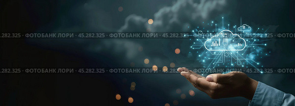 Проекция облака в руках человека в пиджаке. Стоковое AI-изображение, AI-художник Александр Жуков / Фотобанк Лори