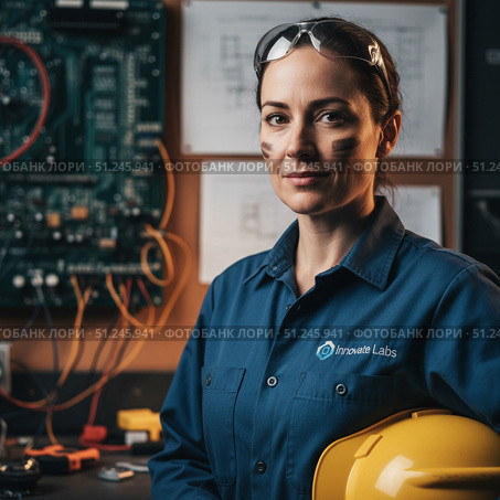 Profession engineer - portrait of young woman in work clothes. AI generated. Стоковое AI-изображение, AI-художник Андрей Аркуша / Фотобанк Лори
