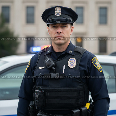 Profession patrol policeman - portrait of a man on the street. AI generated. Стоковое AI-изображение, AI-художник Андрей Аркуша / Фотобанк Лори