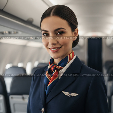 Profession stewardess - portrait of a beautiful young woman flight attendant. AI generated. Стоковое AI-изображение, AI-художник Андрей Аркуша / Фотобанк Лори