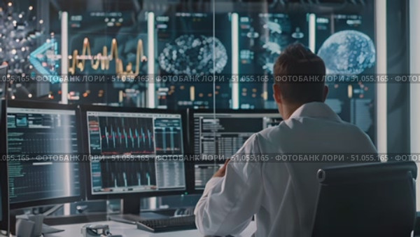 Professional analyzes complex data across multiple computer screens in a modern surveillance office. Стоковое AI-видео, аниматор Данила Большаков / Фотобанк Лори