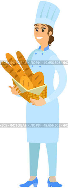 Professional bread maker holding fresh baguettes and loaves. Happy female bakery staff flat vector illustration. Bakehouse worker with hot pastries. Woman stands with basket of bread, bakery. Bakehouse worker holding fresh baguettes and loaves. Woman stands with basket of bread, bakery. Стоковая иллюстрация, агентство Ingram Publishing / Фотобанк Лори