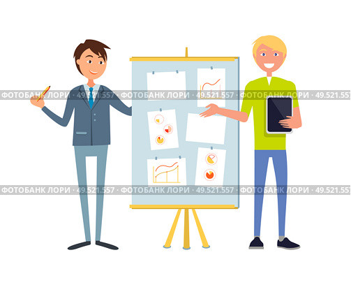 Professional economists discussing financial issues at board with charts and graphs. Business people making presentation together, vector cartoon characters. Professional Economists Discussing Financial Issue. Стоковая иллюстрация, агентство Ingram Publishing / Фотобанк Лори