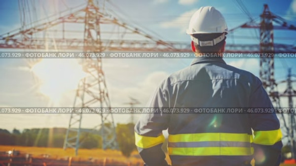 Professional electrician with blueprint and helmet near high voltage tower, close-up. Overhead power line pylons, high voltage pylons. Power transmission towers and lines at sunset. Photo of high voltage transmission tower, also known as transmission tower. Стоковое видео, видеограф ALLA YURTAYEVA / Фотобанк Лори