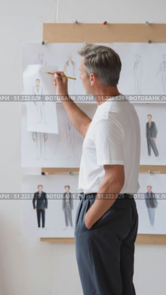 Professional fashion designer with gray hair drawing tailored menswear sketches, carefully refining suit designs mounted on studio workspace board. Стоковое AI-видео, аниматор Юрий Поздников / Фотобанк Лори