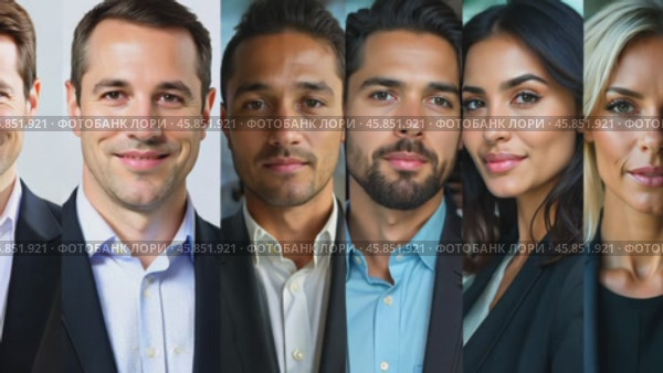 Professional Headshots Showcasing Diverse Individuals in Formal Attire With Varying Expressions and Styles in a Modern Urban Setting. Стоковое AI-видео, аниматор Sergey Grishin / Фотобанк Лори