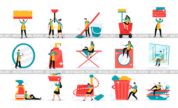 Professional home and industrial cleaning service team tools detergents duties flat funny icons set isolated vector illustration. Стоковая иллюстрация, агентство Ingram Publishing / Фотобанк Лори