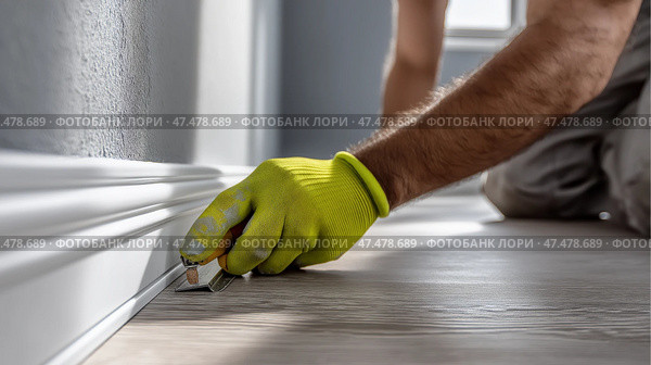 Professional installation of baseboard trim in a modern interior space. Профессиональная установка плинтусов в современном интерьере. Стоковое AI-изображение, AI-художник Katsiaryna Repich / Фотобанк Лори
