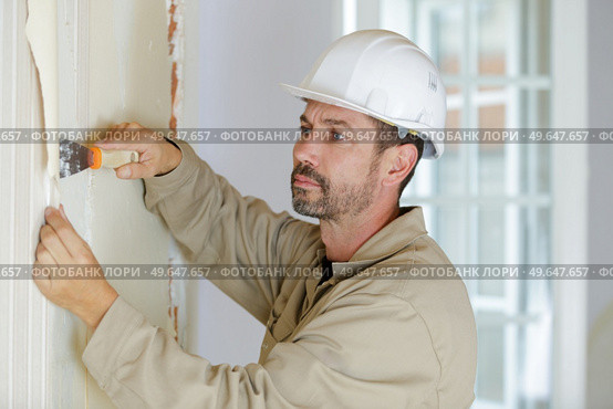 professional male builder stripping wallpaper. Стоковое фото, агентство Ingram Publishing / Фотобанк Лори