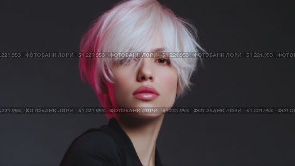 Professional model sporting platinum blonde pixie haircut with pink highlights, bathed in magenta lighting, presenting edgy contemporary hair styling against shadowy backdrop. Стоковое AI-видео, аниматор Юрий Поздников / Фотобанк Лори